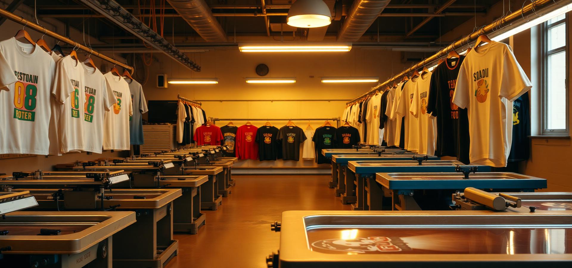 Mouvi printing workshop with racks of printed t-shirts