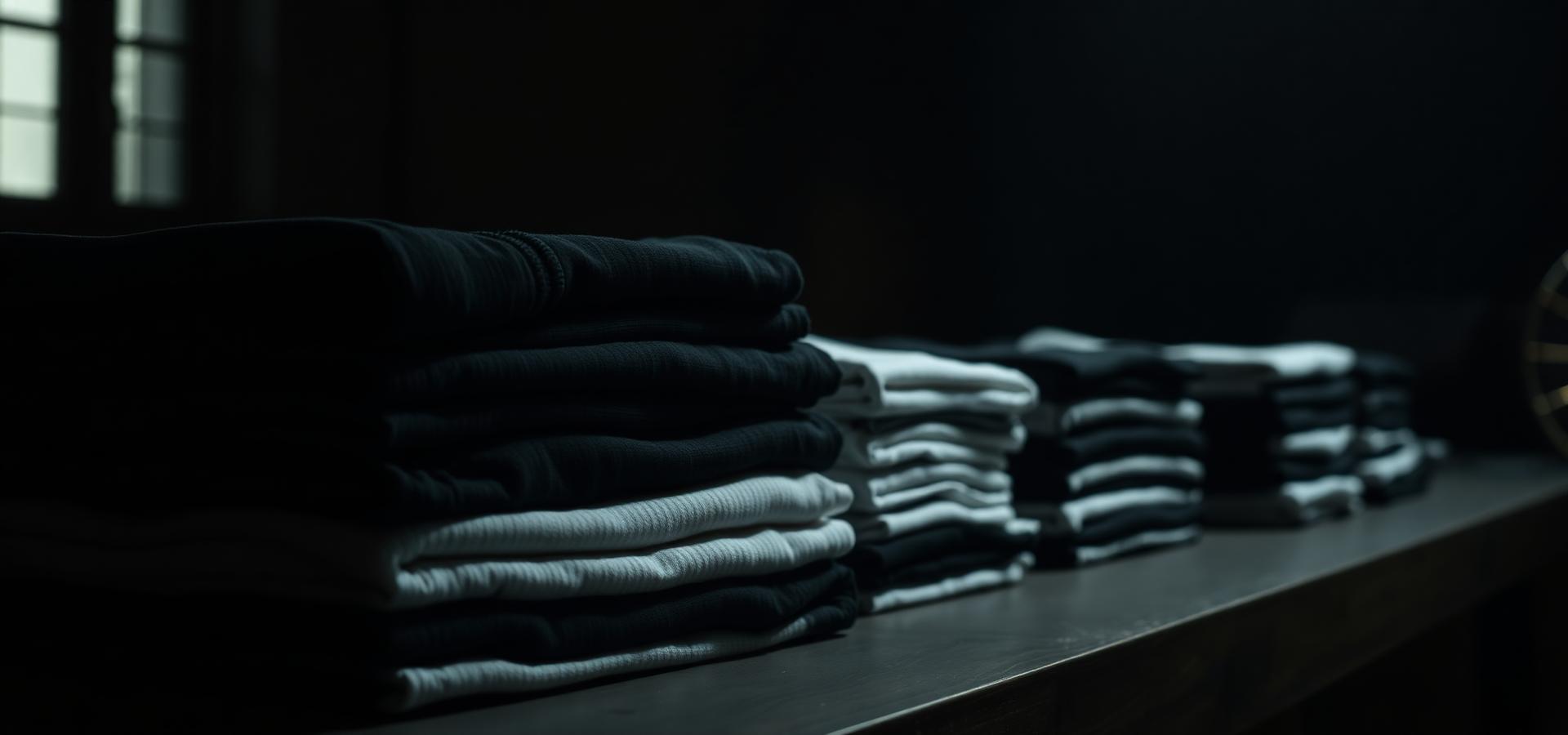 Stacks of folded premium cotton t-shirts ready for printing