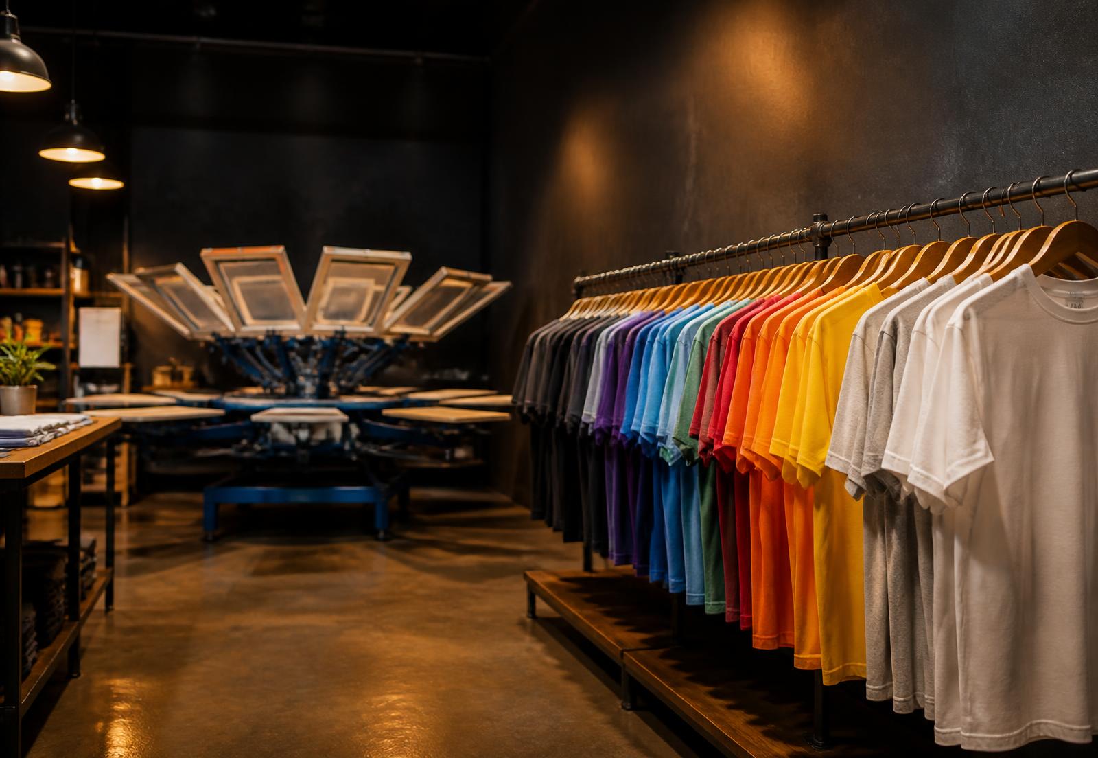 Rack of freshly printed custom t-shirts inside the Mouvi printing studio